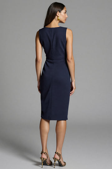 Navy Ruched Sheath V-Neck Midi Dress